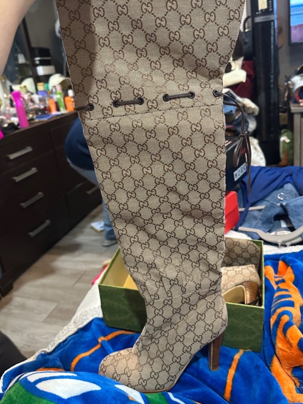 Gucci Beige GG Monogram Over-the-Knee Block Heel Boots - Picture 3 of 5